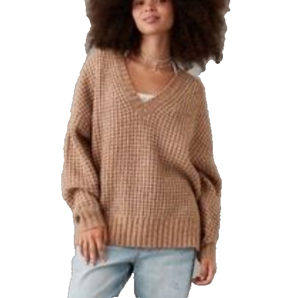American Eagle Womens Brown Chunky Grandpacore Grunge Oversized V Neck Sweater S